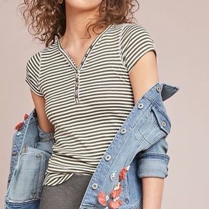 Anthro Pure + Good - Striped Henley Tee Green - M